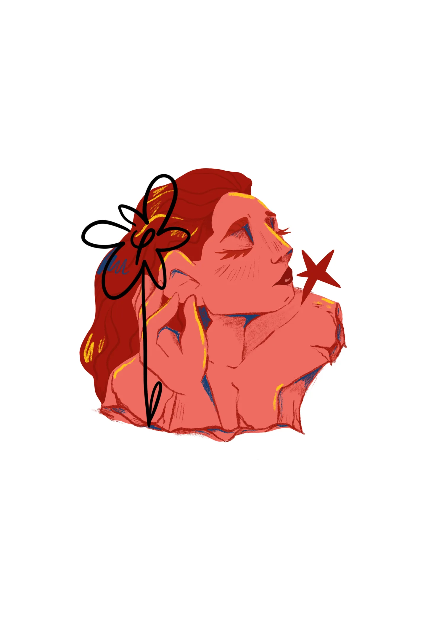 Ilustración de una chica pelirroja en tonos rojos y coral